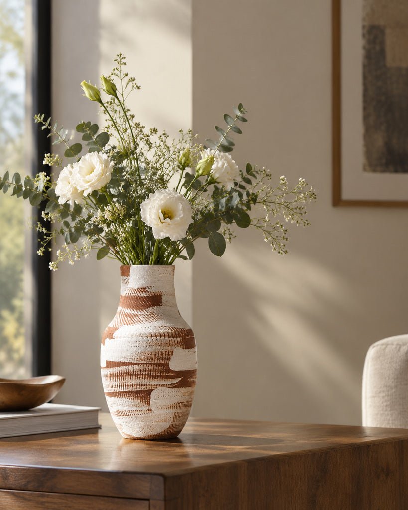 Caramel Brown & White Brushstroke Tall Textured Vase - 12.4"