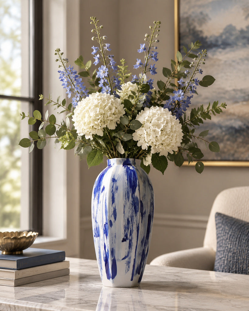 Ivory White & Cobalt Blue Extra-Tall Brushstroke Vase - 15.6"
