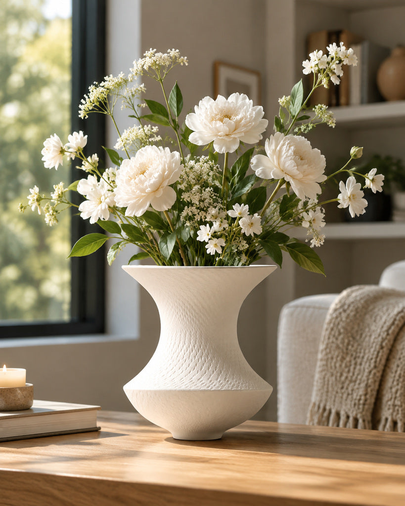 White Hourglass Textured Sculptural Vase - 7.9"