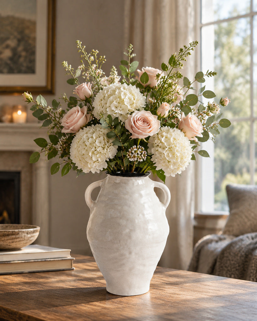 White Double-Handle Textured Ceramic Vase with Black Rim - 9.4"