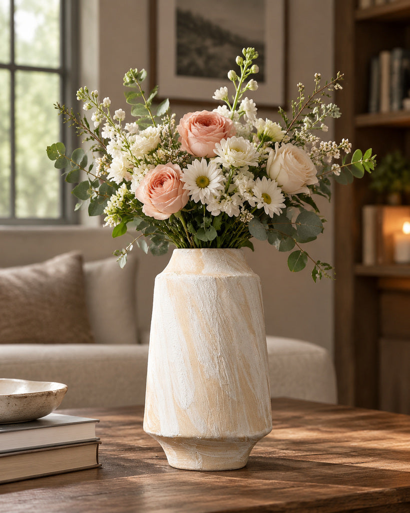 Warm Ivory Brushstroke Textured Tall Vase - 9.8"