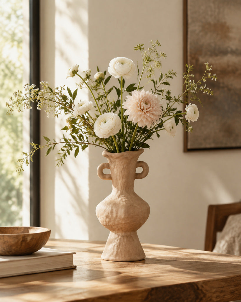 Muted Terracotta Double-Handle Pedestal Ceramic Vase - 10"