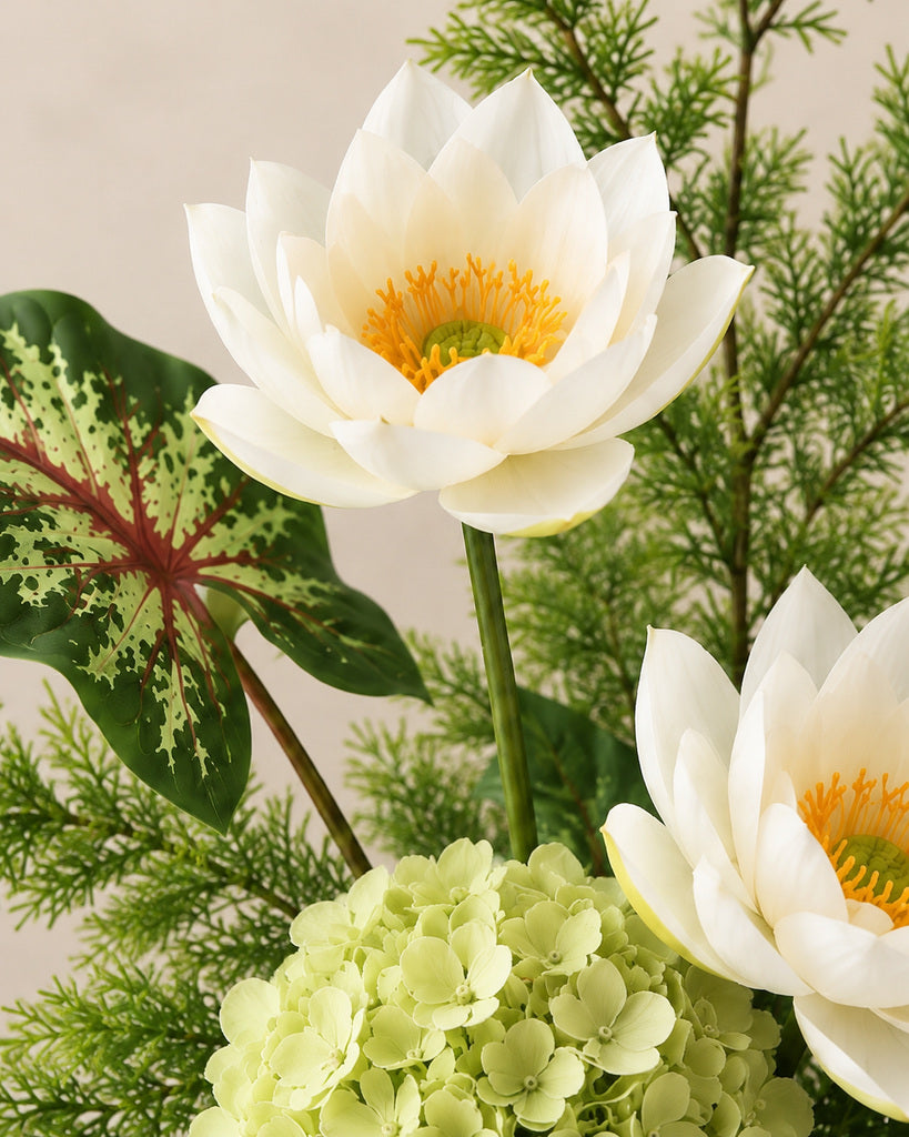 White Lotus, Green Hydrangea & Tropical Foliage Faux Flower Bundle