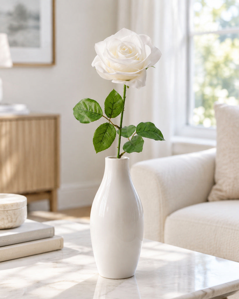 White Artificial French Rose Stem - 55 cm