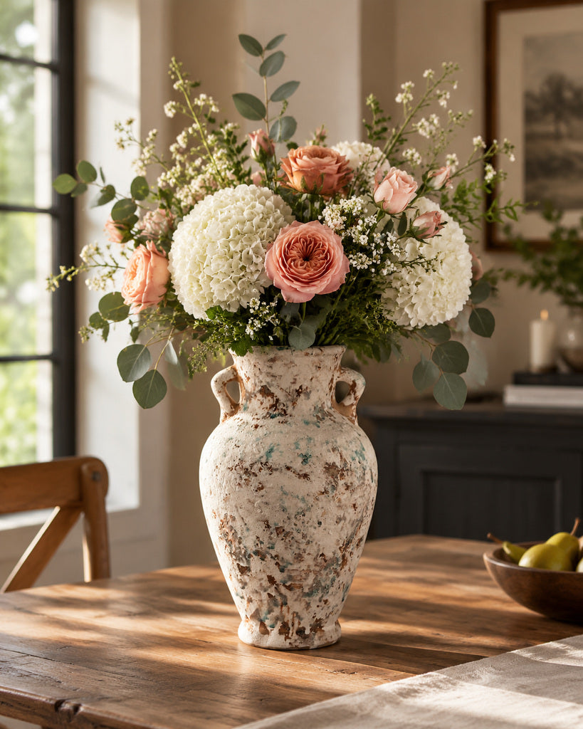 Weathered Ivory Double-Handle Ceramic Vase - 11.4"