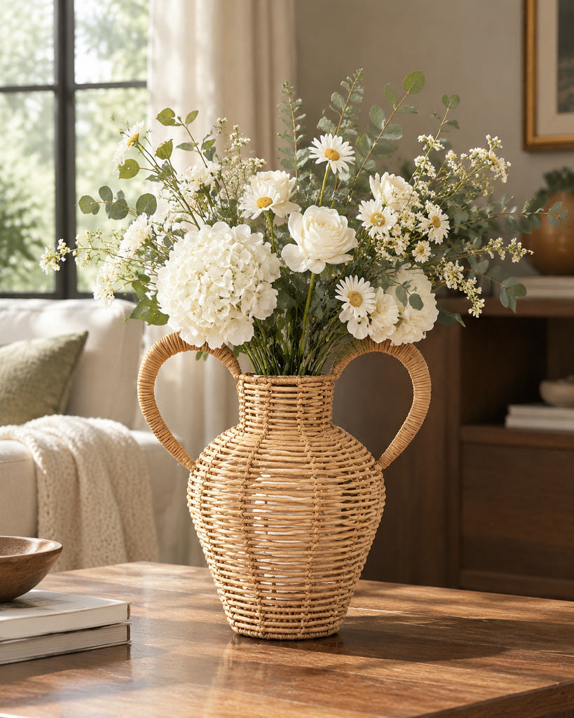 Natural Brown Handcrafted Rattan Double-Handle Vase - 14.2"