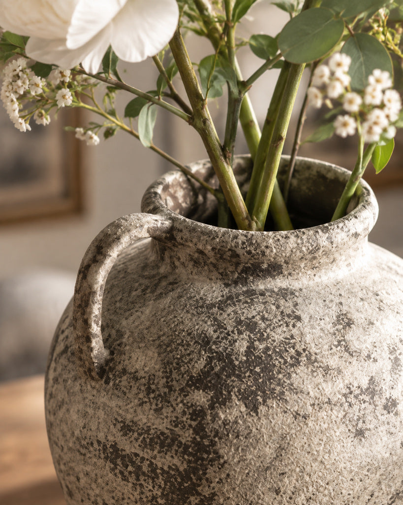 Weathered Ivory Single-Handle Wide-Rim Earthenware Vase - 11.8"