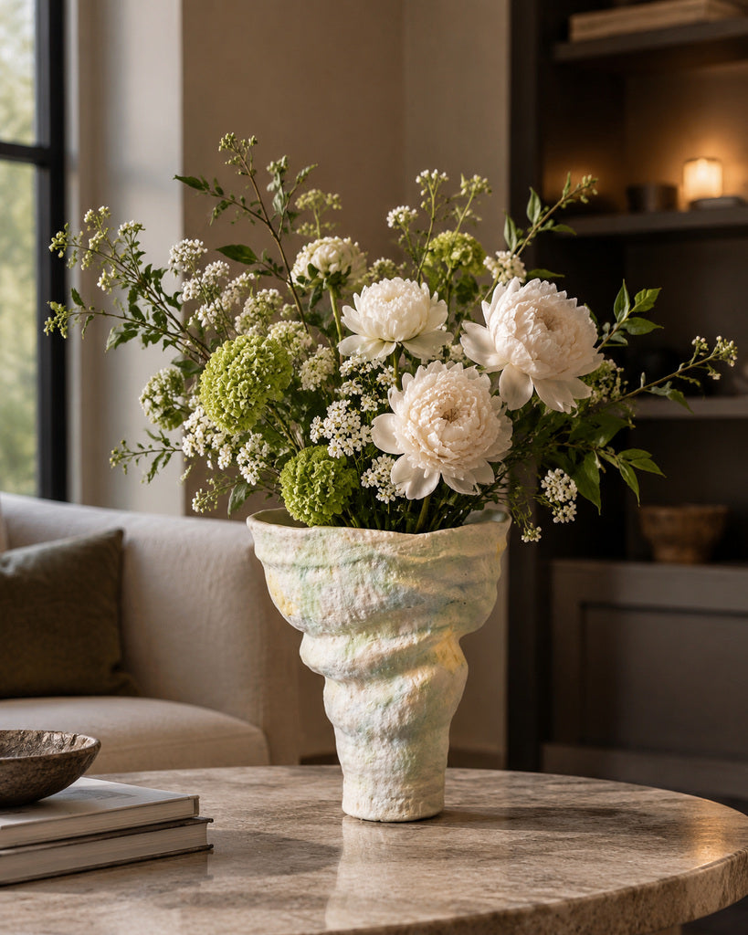 Ivory Green-Blue Textured Sculptural Vase - 13.4"