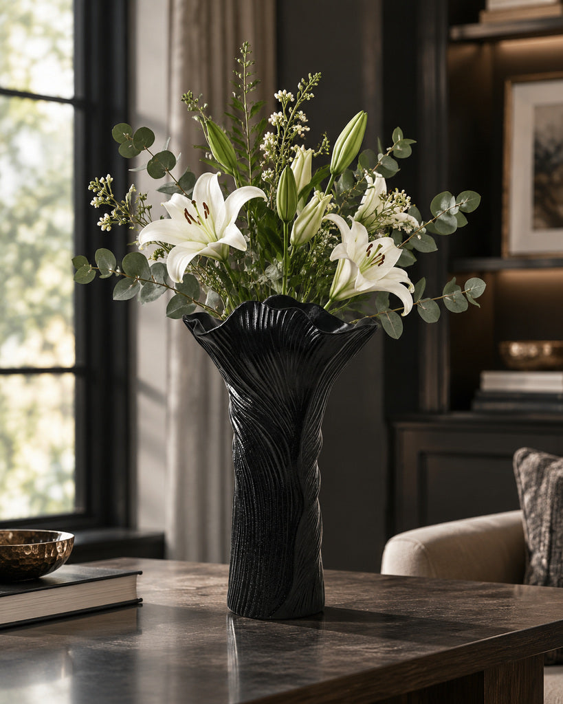 Matte Black Flowing Ribbed Ceramic Vase - 11.0"