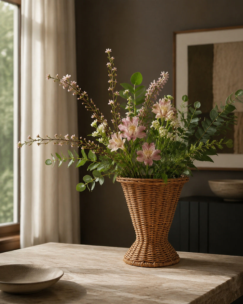 Natural Brown Handcrafted Rattan Hourglass Vase - 11.8"