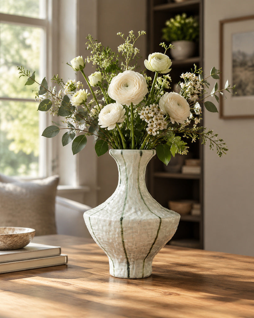 Ivory Green-Striped Textured Sculptural Vase - 11.4"