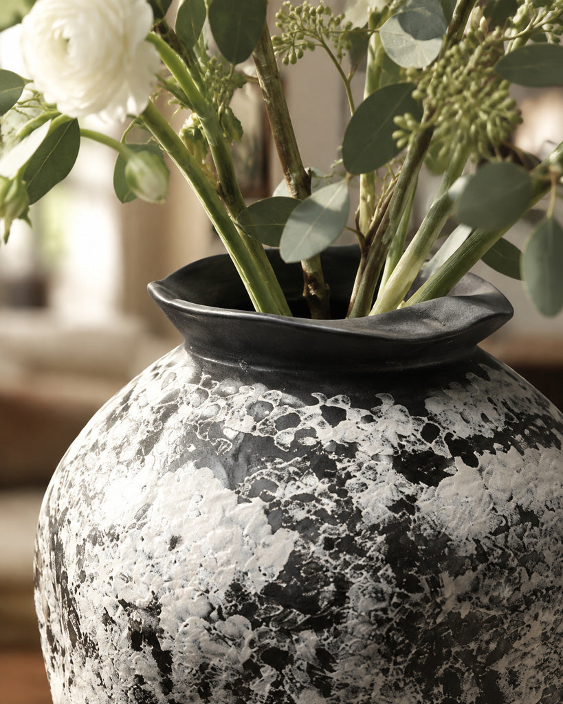 Snow-Covered Black Tall Mottled Textured Vase - 12.9"