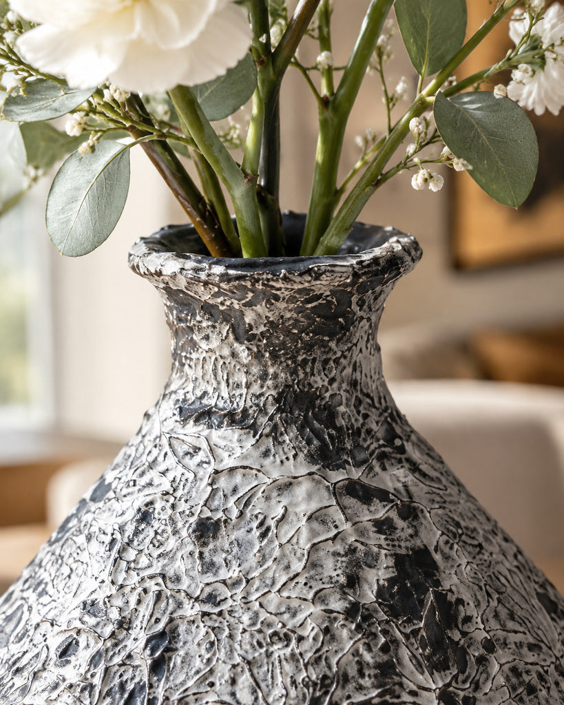 Iron Black & White Raised-Texture Sculptural Vase - 11.8"