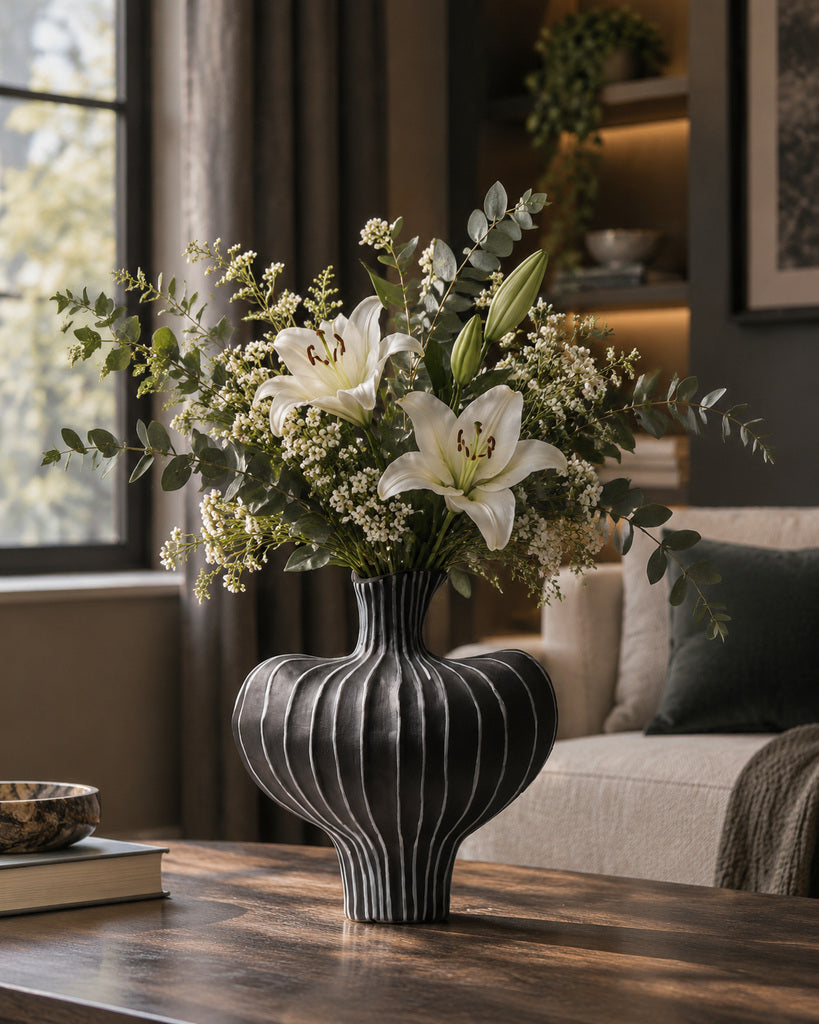 Black & White Winged-Rib Sculptural Vase - 10.2"