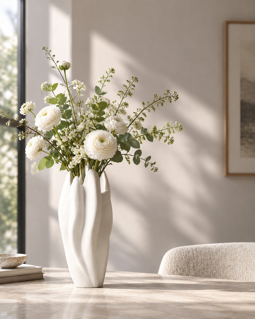 Matte White Tall Petal-Form Sculptural Vase - 15.4"