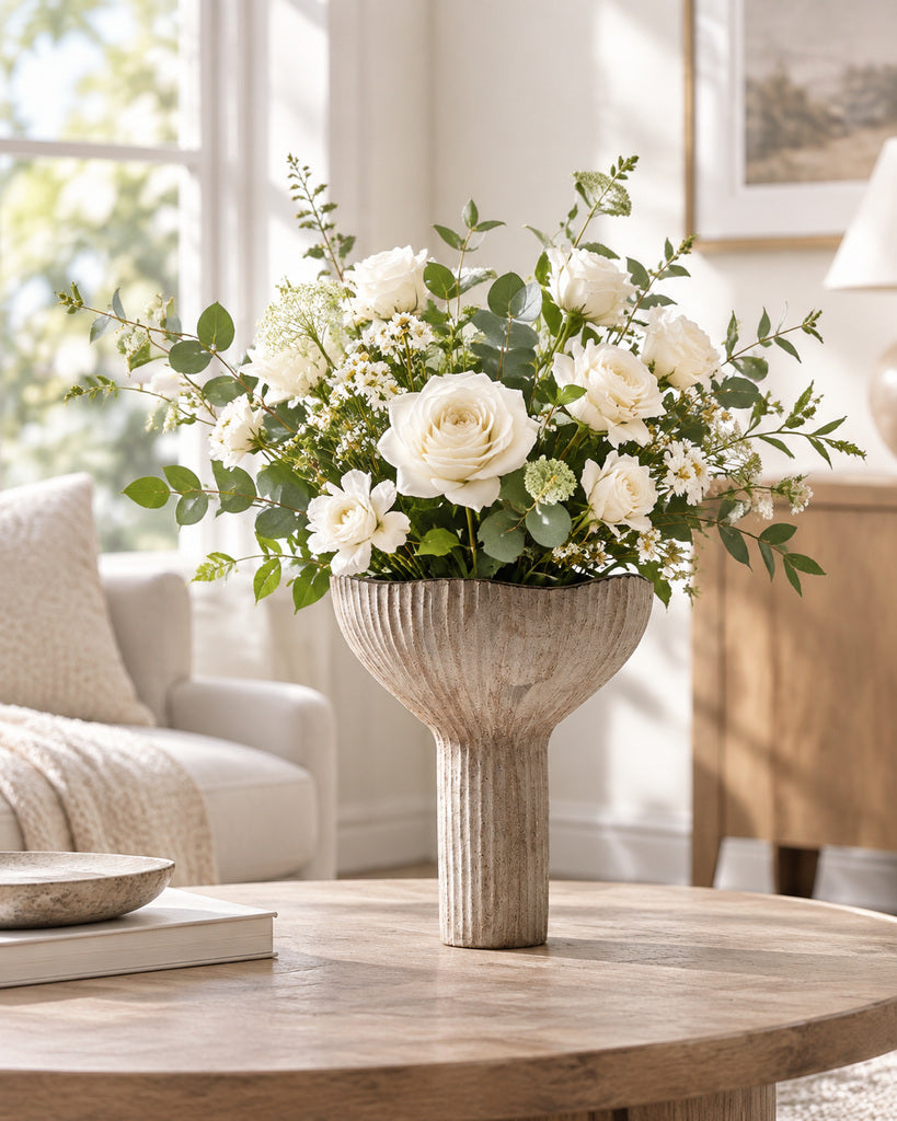 Weathered Taupe Ribbed Fan-Form Sculptural Vase - 10.0"