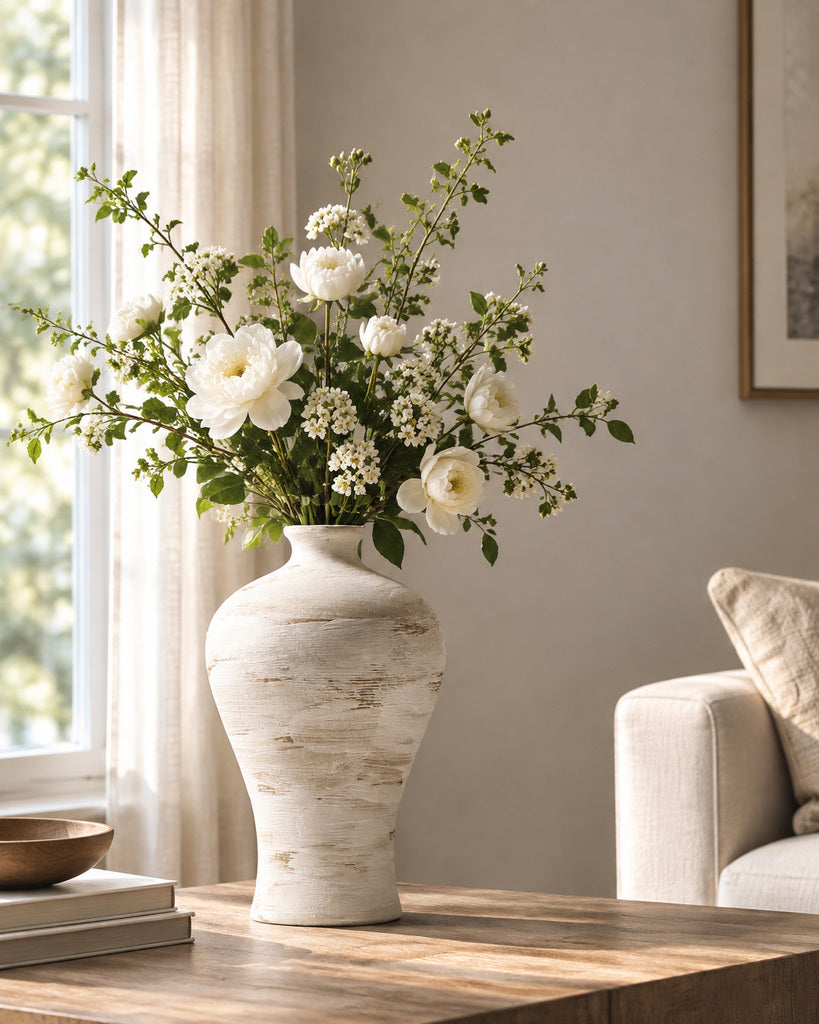 Hand-Glazed Ivory Tall Brush-Textured Sculptural Vase - 12.0"