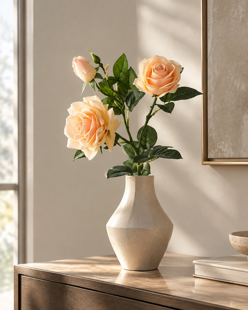 Deep Champagne 3-Head Princess Rose Faux Flower Stem - 75cm