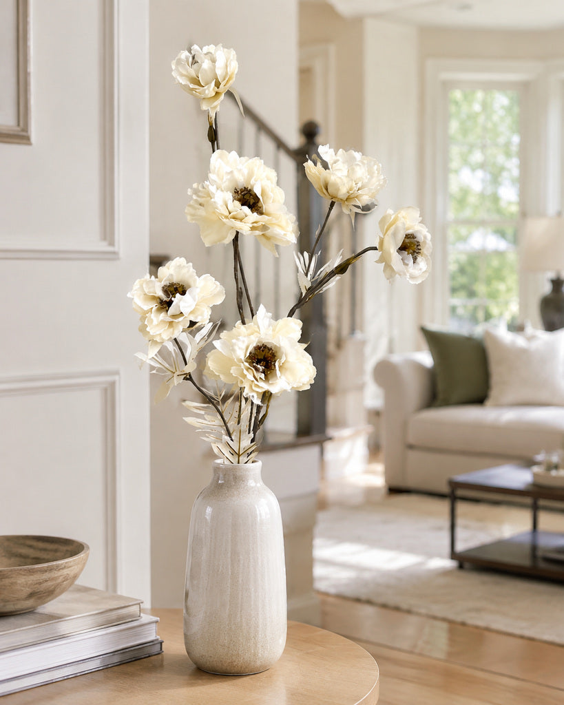 Ivory White Artificial Peony Floral Spray - 82 cm