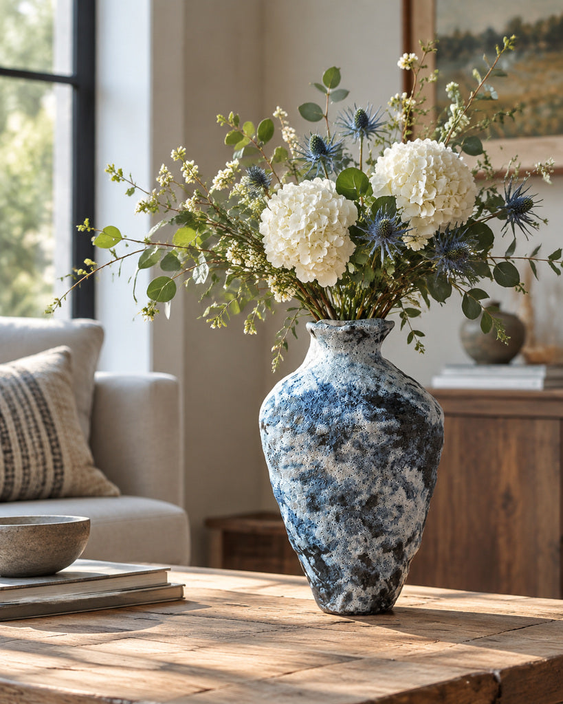 Mottled Blue-Gray Bubble-Textured Tall Ceramic Vase - 13.8"