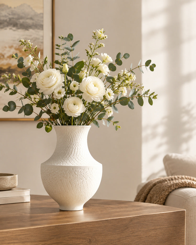 White Wide-Bodied Textured Sculptural Vase - 10.6"