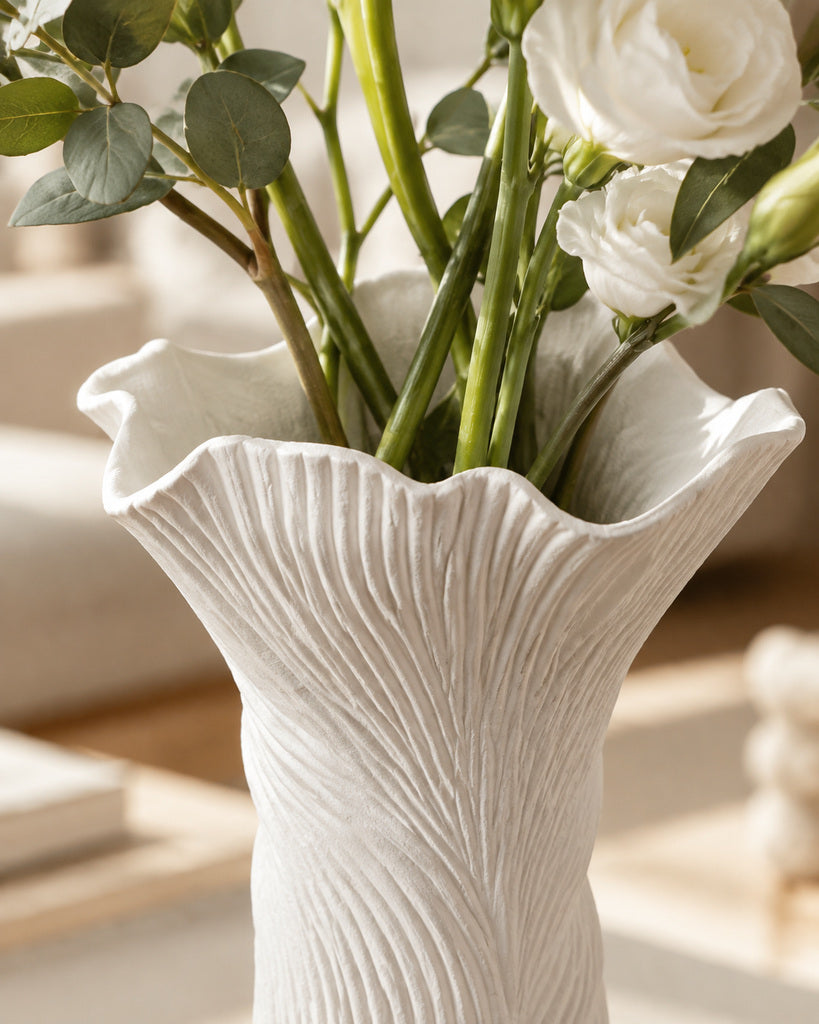 White Flowing Ribbed Ceramic Vase - 11.0"