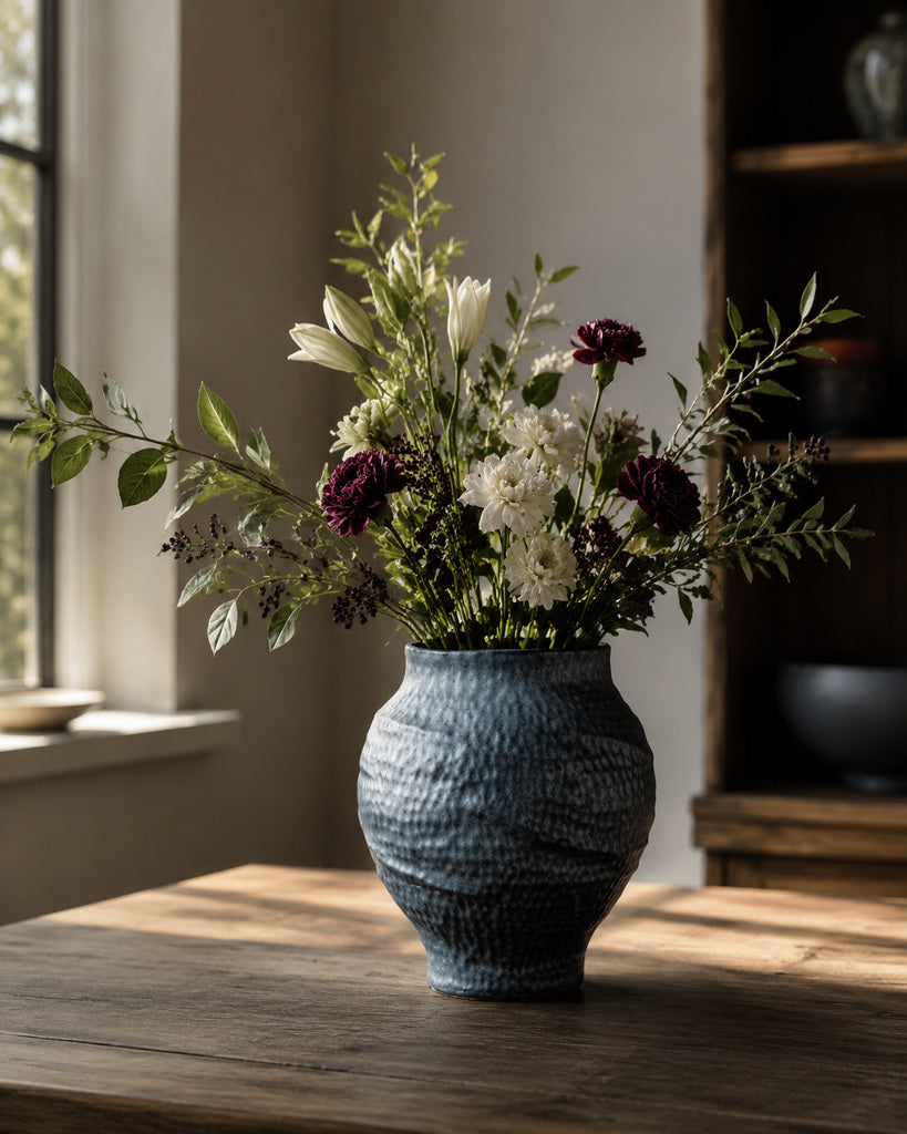 Carbon Black Wide-Mouth Textured Ceramic Vase - 13"