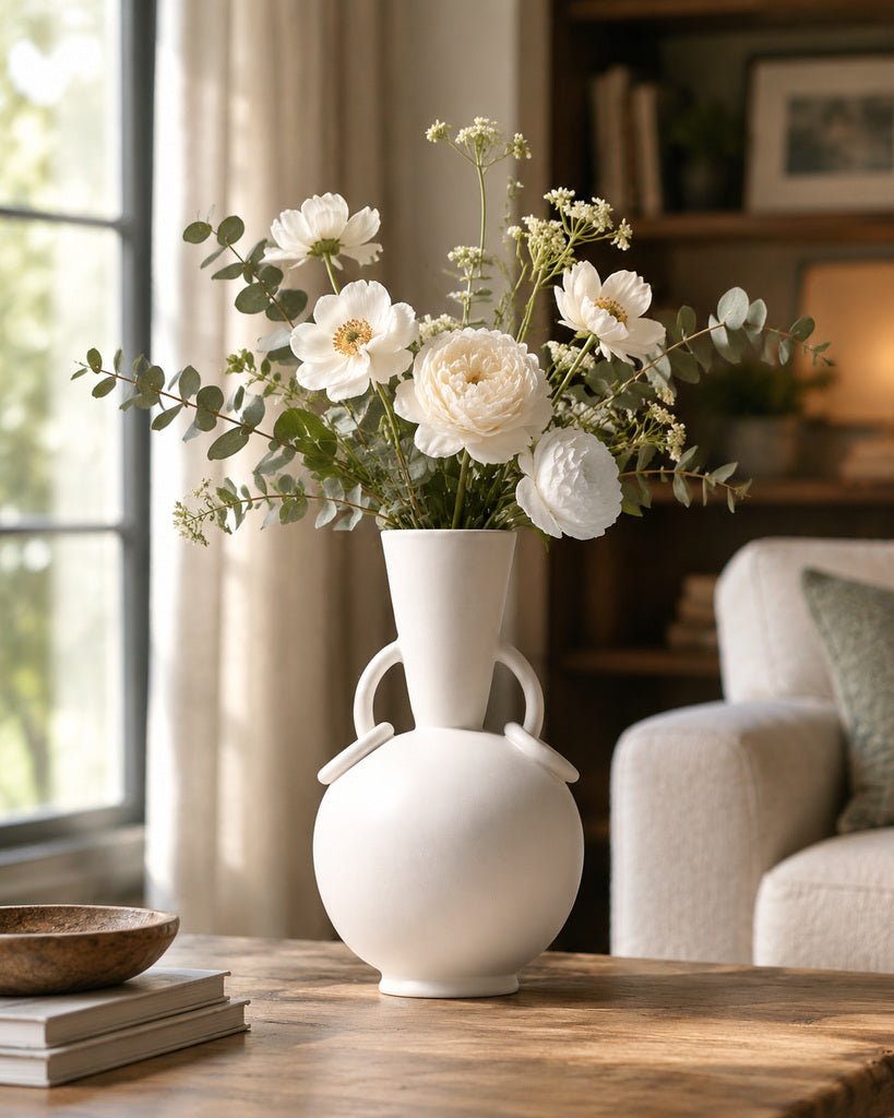 Matte White Double-Handle Rounded Sculptural Vase - 12.0"