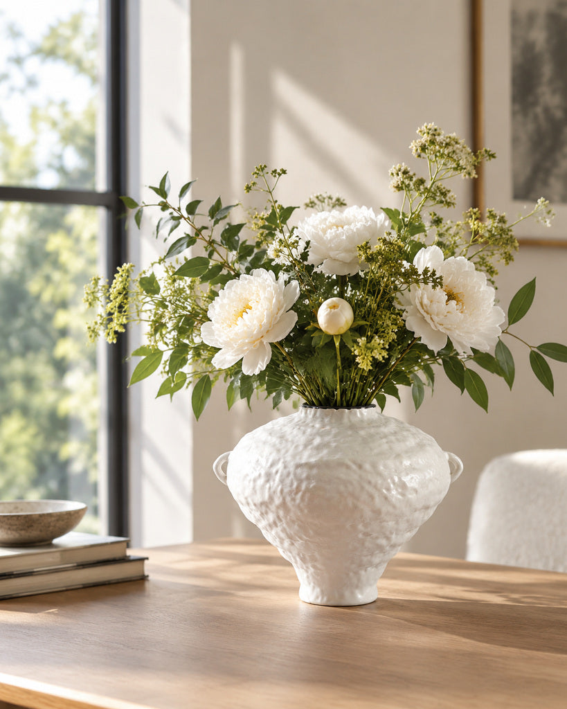 White Wide-Bodied Double-Handle Textured Ceramic Vase with Black Rim - 7.9"