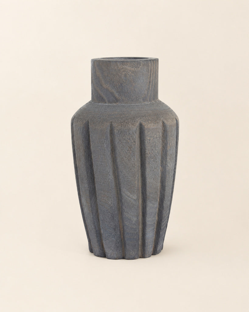 Charcoal Gray Ribbed Handcrafted Wood Vase - 9.1"
