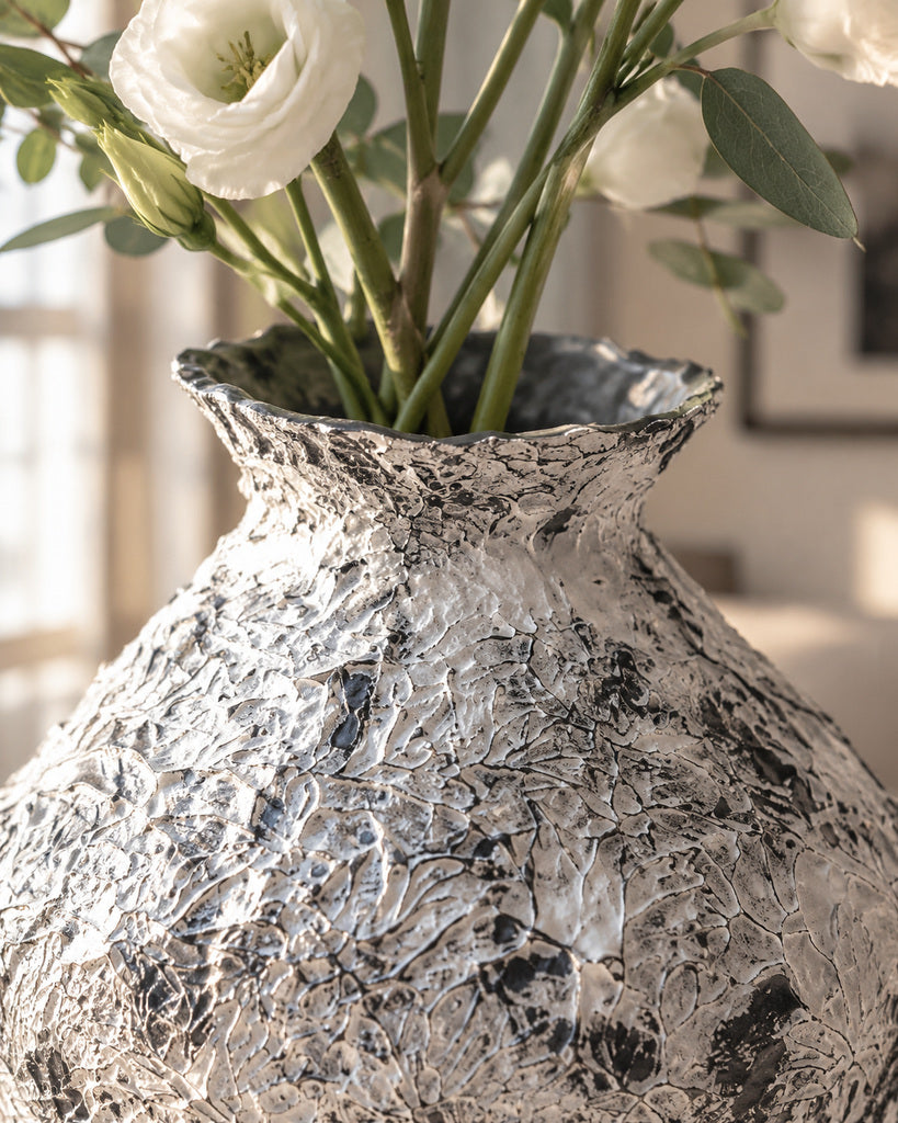 Iron Black & White Wide-Bodied Raised-Texture Vase - 12.2"