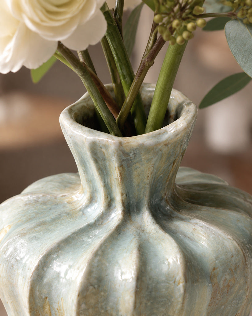 Seafoam Gray Seashell-Curve Hand-Glazed Ceramic Vase - 12.2"