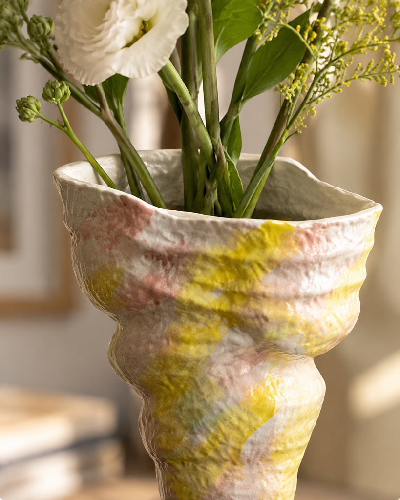 Ivory Pink-Yellow Textured Sculptural Vase - 13.4"