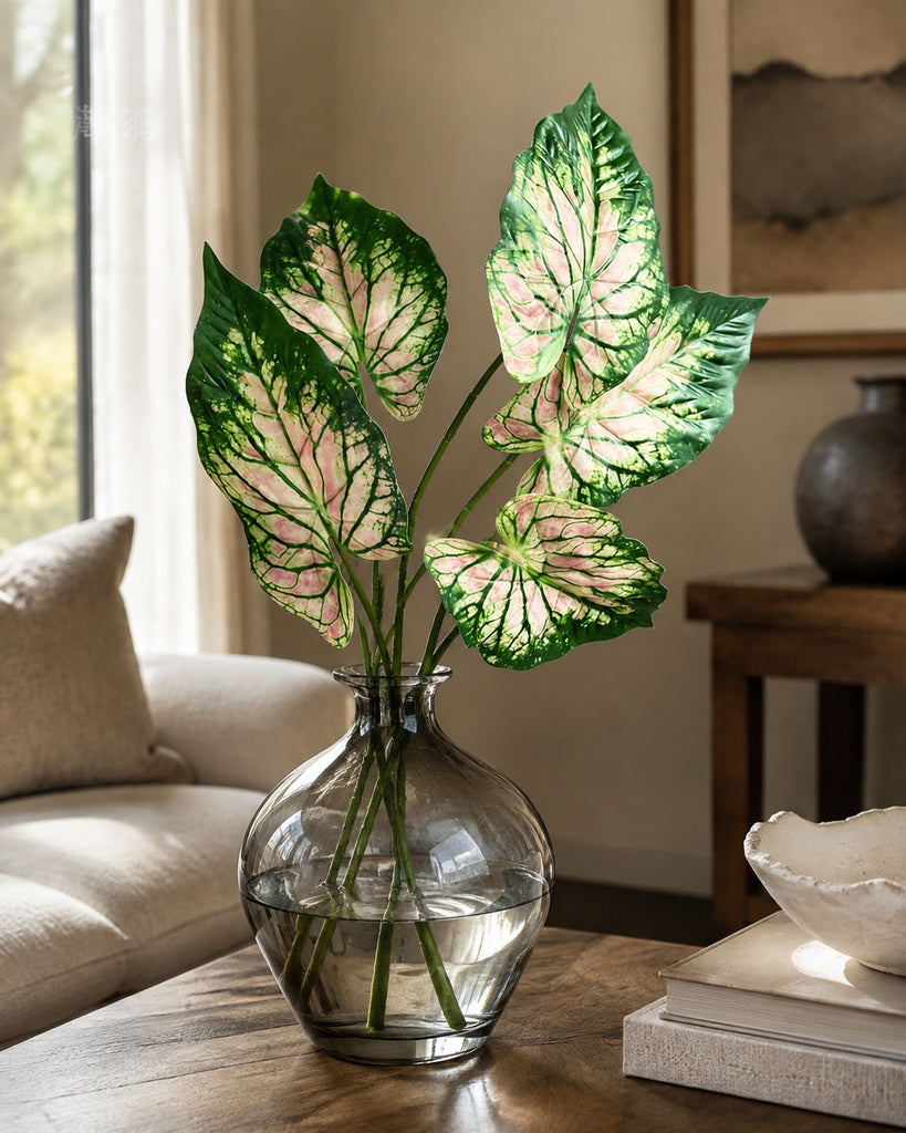 Pink Green Artificial Alocasia Leaf Spray - 70 cm