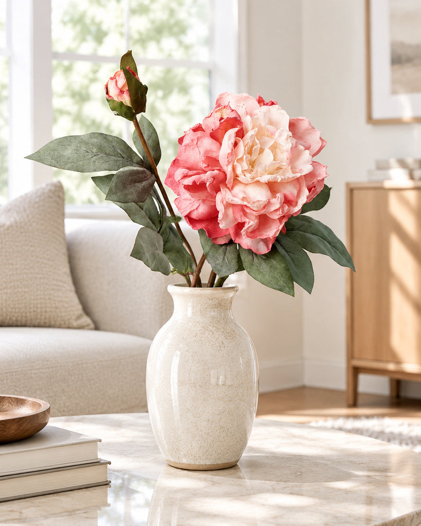 Vintage Peach Pink 2-Head Artificial Peony Stem - 64 cm