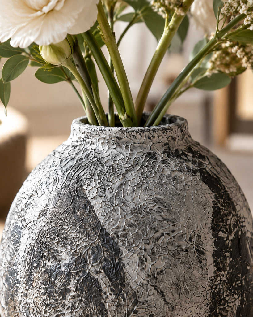 Iron Black & White Pedestal Raised-Texture Vase - 11.8"