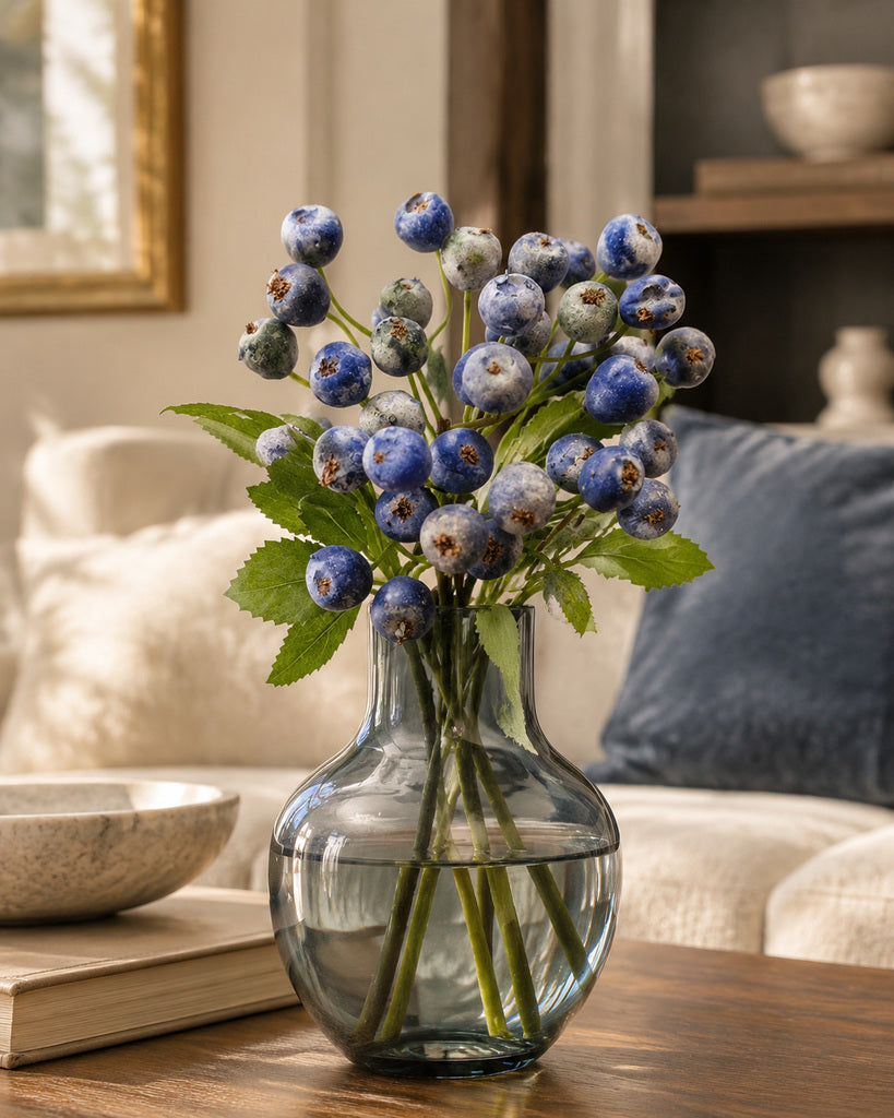 Blue Fabric-Leaf Artificial Blueberry Branch - 36 cm