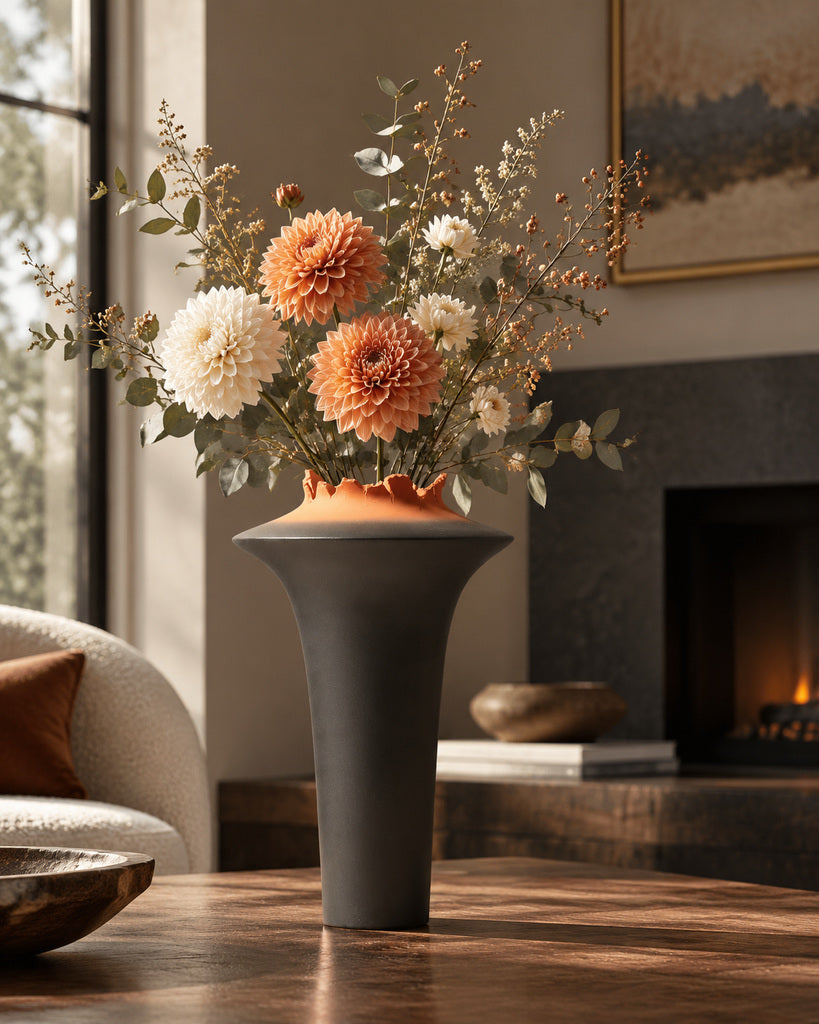 Black & Burnt Orange Jagged-Rim Sculptural Vase - 14.2"