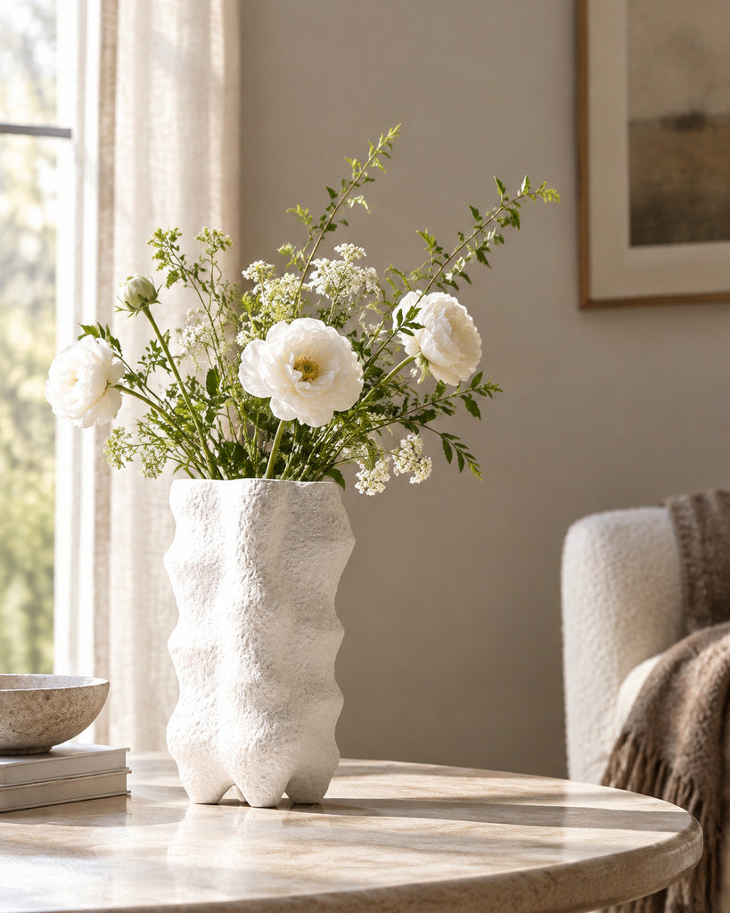 White Tall Rough-Textured Organic Sculptural Vase - 15.0"