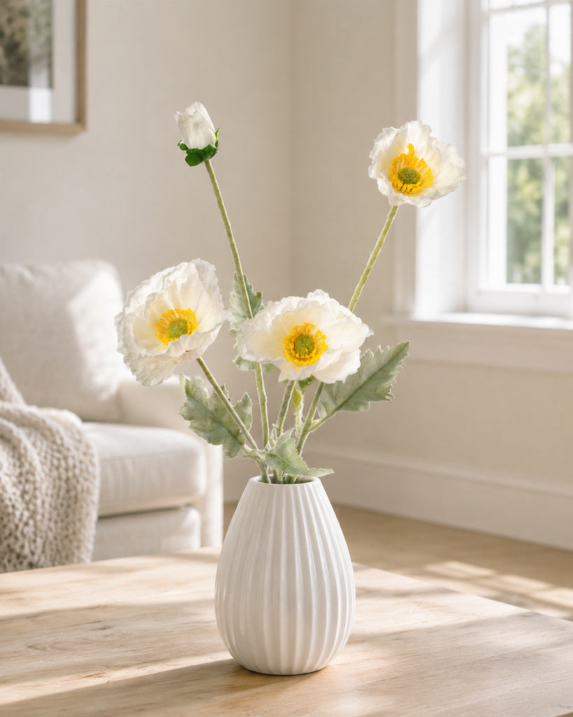 White Fabric Artificial Poppy Spray - 64 cm