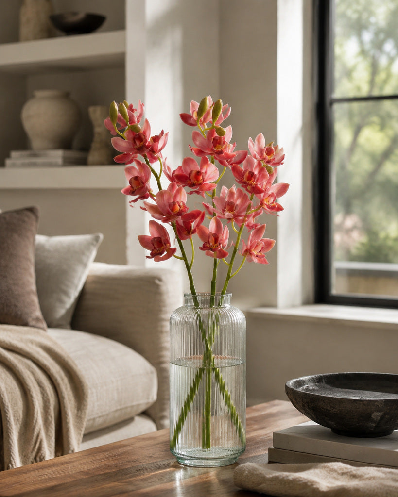 Pink Soft Rubber Artificial Cymbidium Orchid Spray - 70 cm