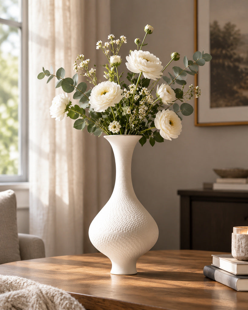 White Tall Gourd-Form Textured Sculptural Vase - 12.2"