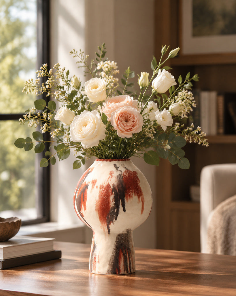 Ivory & Rust Red Organic Brushstroke Sculptural Vase - 11.0"