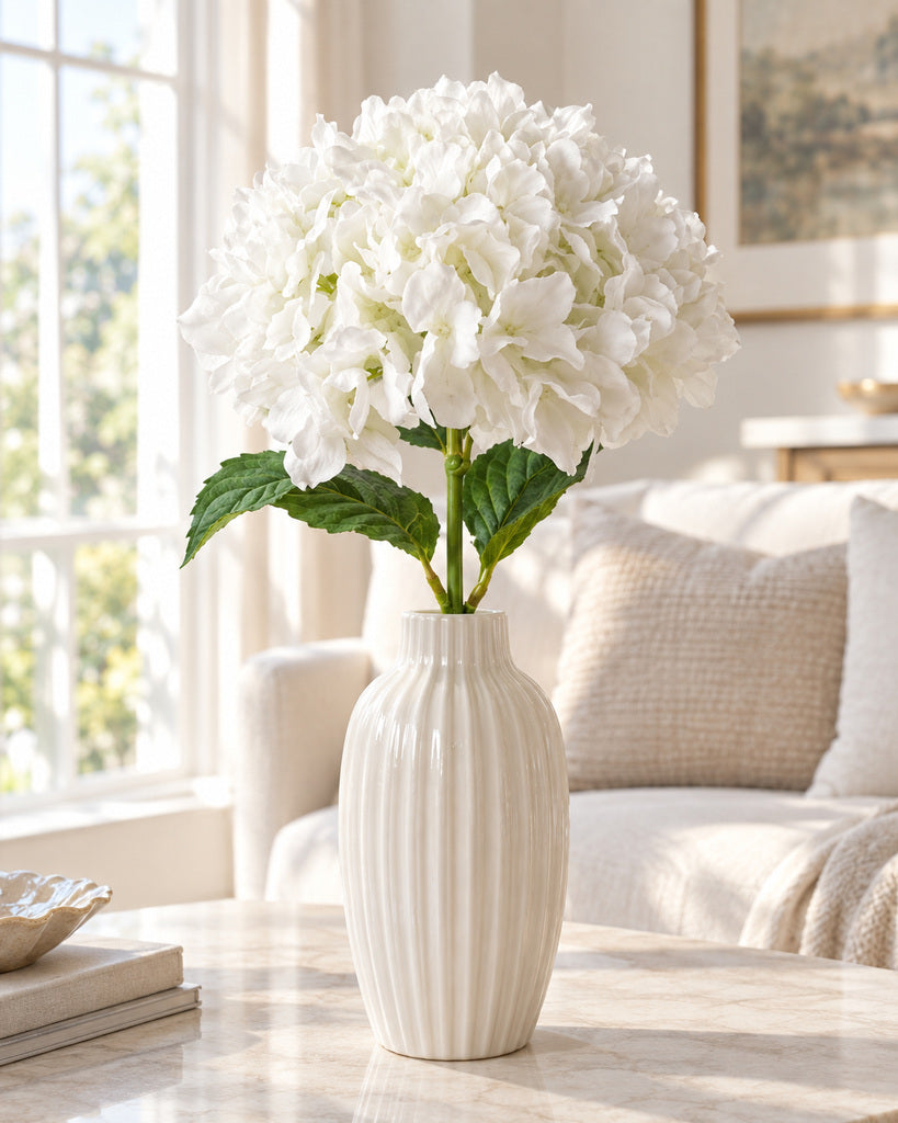 White Soft-Touch Artificial Hydrangea Stem - 47 cm