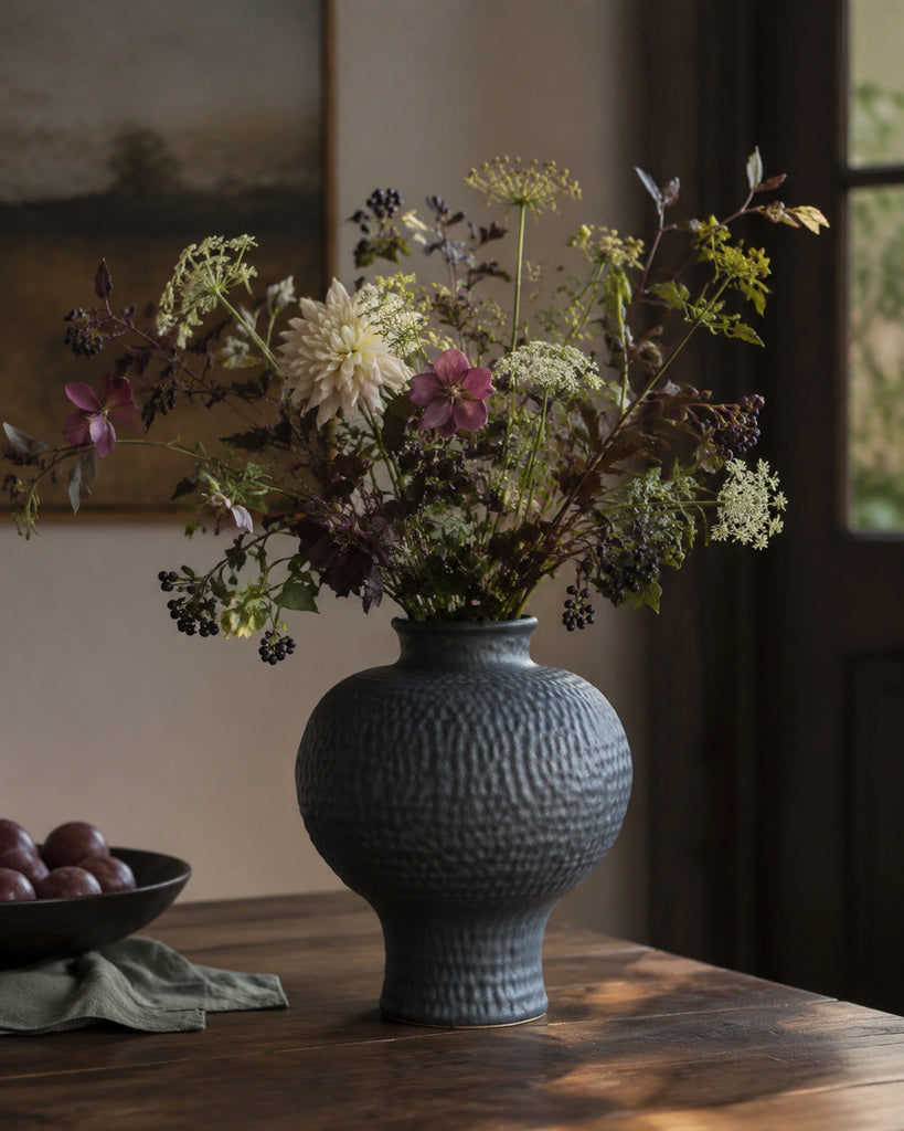 Carbon Black Round Textured Ceramic Vase - 11.8"