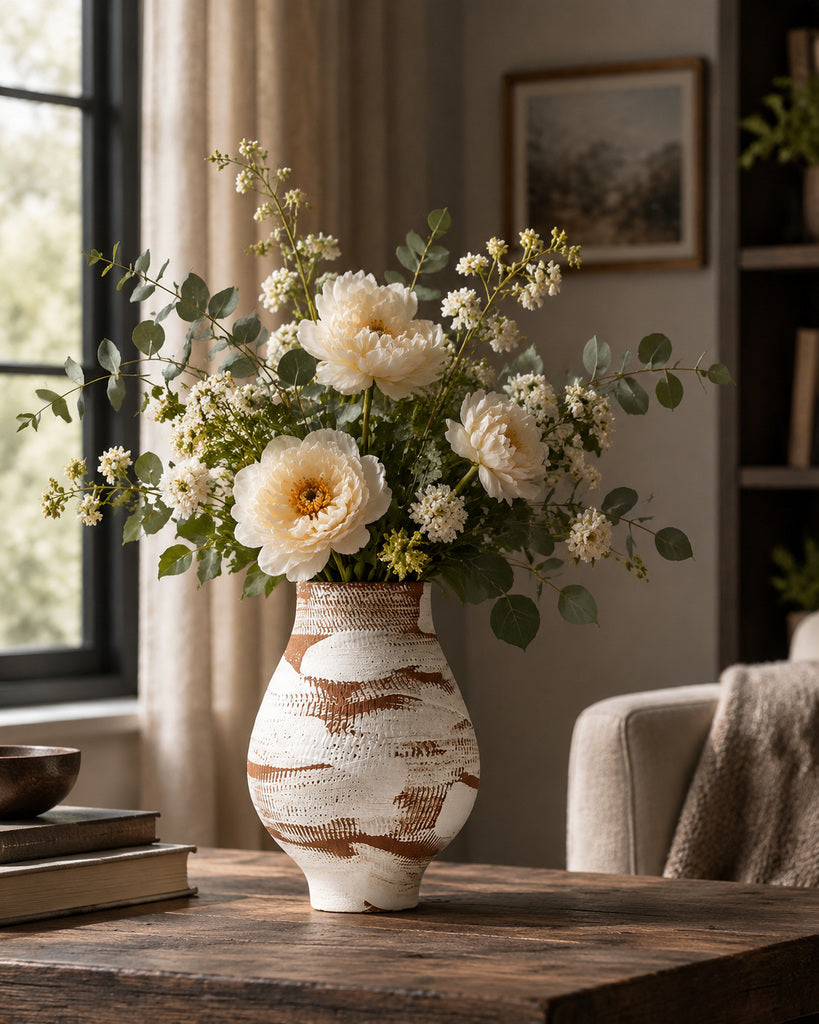 Caramel Brown & White Brushstroke Textured Vase - 9.5"