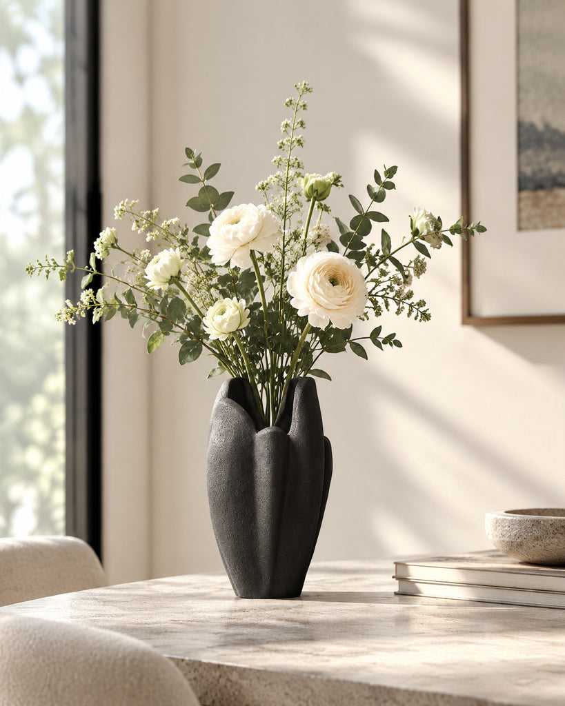 Matte Black Petal-Form Sculptural Vase - 10.0"