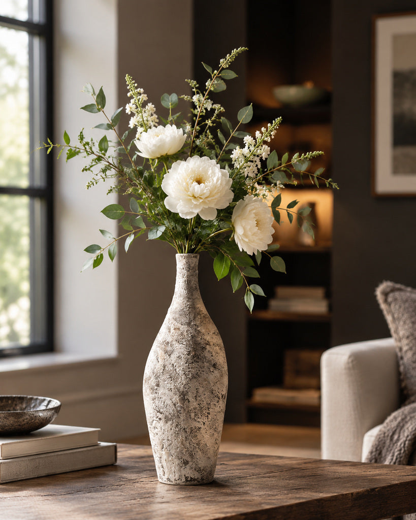 Weathered Gray Tall Stone-Textured Sculptural Vase - 15.4"