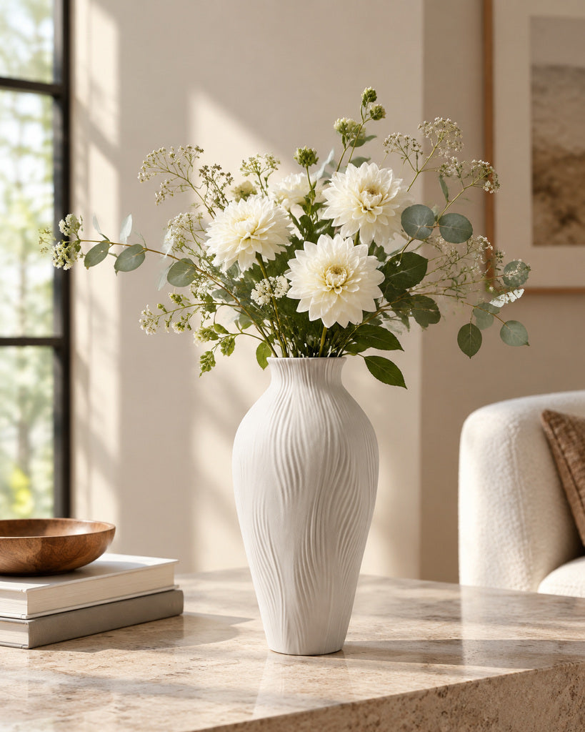 Ivory Flowing Ribbed Ceramic Vase - 11.8"