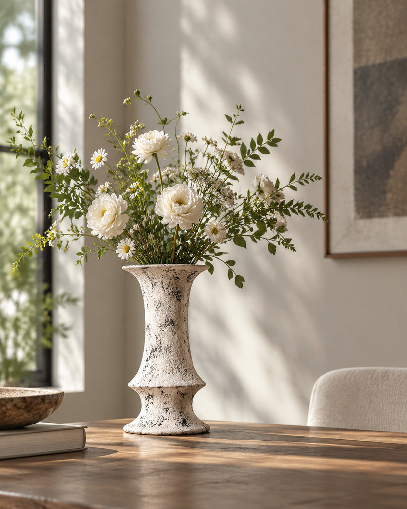 Weathered Ivory Tall Pedestal Textured Sculptural Vase - 12.3"